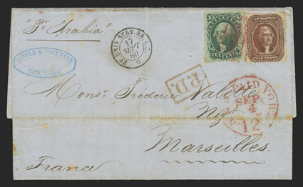 30A, 35, 5c Brown, Ty. II and 10c Green, Ty V, single of each tied by red grid on 1860 folded letter to Marseilles, France, red New York Paid, Marseilles backstamp, ms. per
Arabia, letter (in French) regards wine sales, stamps with just a hint