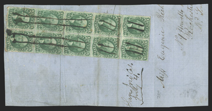31-34, 10c Green, Ty. I-IV, the unique used combination block of ten (2x5), pos. 54-55, 64-65, 74-75, 84-85 and 94-95L1, the top four stamps all Ty. IV forming one of a mere
two 10c Green, Ty. IV blocks of four in existence, which can only c
