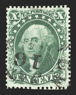 34, 10c Green, Ty. IV, recut at top, used, nicely centered, strong rich color, neat town c.d.s. cancel, very fine 1975, 1986 and 2009 PF certificates.