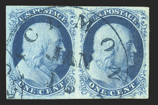 8A, 7, 1c Blue, Ty. IIIa and II combination pair, positions 77-78R1E, an especially attractive and choice combination pair, with the left stamp being Ty. IIIa showing a small
but distinctive break in the top label, the right stamp being Ty. II,