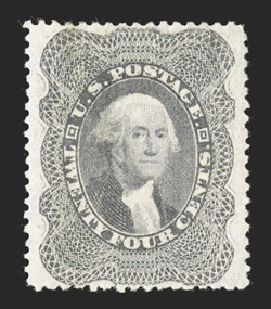 37, 24c Gray lilac, extraordinarily well centered within uncharacteristically large margins for this always poorly centered and tightly margined value, in fact the margins are
so wide that its perforations clear the design all around, bright fre