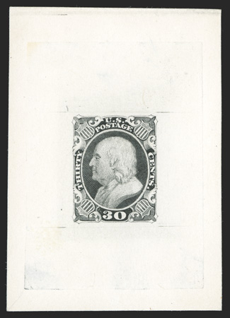 38TC1, 30c Black, large die trial color proof on India, 50x70mm on card, with die sinkage area at top, bright and fresh, very fine and exceedingly rare
ex-Finkelberg.