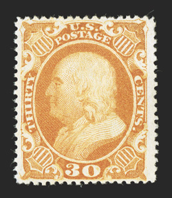 38, 30c Orange, unused, exceptionally well centered within remarkable wide margins, brilliantly fresh color, extremely fine 2002 PSE certificate and a 2010 PSE certificate (XF
90 Jumbo SMQ $1,150.00 for 90 and $1,950.00 for 95).