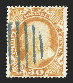 38, 30c Orange, used, exceptionally well centered within very wide margins which are most uncharacteristic of this tightly spaced stamp, bright fresh color, neat blue grid
cancel, extremely fine 2010 PF certificate.