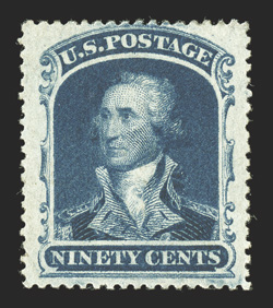 39, 90c Blue, a highly select mint example of this scarce high value, being uncharacteristically well centered within wide margins, plus it features deep prooflike color and
impression, full original gum that is just faintly hinged, extremely fi