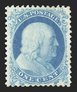 40, 1c Bright blue reprint, without gum as issued, uncommonly well centered, fresh color on crisp clean paper, full perforations all around, very fine 1990 PF
certificate.