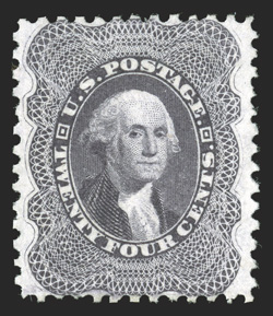 45, 24c Blackish violet reprint, without gum as issued, nicely centered though reperforated at top, fresh color, very fine appearance only 479 sold 2010 PF
certificate.