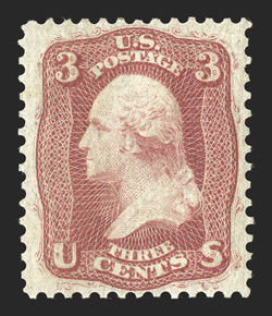 56, 3c Brown rose August, particularly well centered single, luxuriant color and sharp impression, o.g., light h.r., extremely fine 1992 PSE certificate.