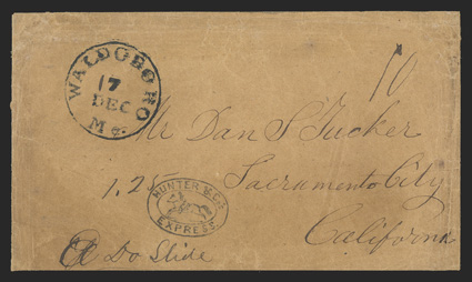Hunter & Co.s Express, crisp double oval company handstamp with horse and rider in the middle, on cover with Waldoboro, Me. c.d.s. to Sacramento, ms. 10, at the bottom is
manuscript El Do(rado) Slide 1.25 express company charge, some trivial
