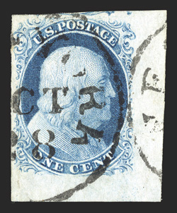 8A, 1c Blue, Ty. IIIa, position 100R1E with break in the bottom outer line, an exceptional bottom right corner sheet-margin example which clearly solidifies its plate
positioning, possessing an ample margin at left, and large to huge margins