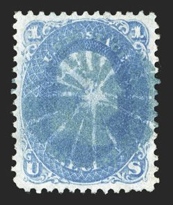 63, 1c Blue, exceptionally well centered single cancelled by a virtually complete blue circle of wedges postmark, which is a most unusual and desirable cancel on this stamp,
extremely fine 2010 PSE certificate.