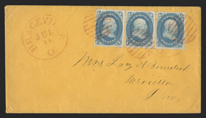 63, 1c Blue, attractively centered horizontal strip of three, with rich color and crisp impression, tied by three neat strikes of red open circular grids to orange cover to
Marietta, Ohio, matching Braceville, OJul 21 datestamp at left, f