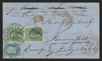 63, 68, 1c Blue, 10c Yellow green single of 1c and vertical pair of 10c tied by Louisville c.d.s. and grid pmks. on 1863 folded letter to Switzerland, the 10c stamps being
particularly well centered, red New York Paid, French transit pmks. a