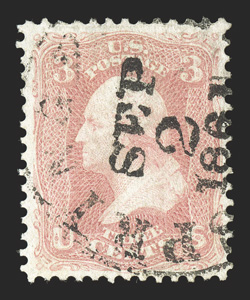 64, 3c Pink, well centered, lovely rich color in the true Pink shade, neat c.d.s. cancel dated 1861 which Scott lists as a premium cancel but does not assign a value, choice
very fine 2010 PF certificate.