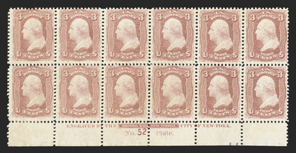 65, 3c Rose, an exceptionally choice full bottom margin imprint and plate No. 52 block of twelve, marvelously fresh, with strong intact perforations, rich luxuriant color and a
crisp impression on bright paper, quite well centered for a multip