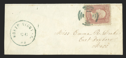 65, 3c Rose, tied by well struck green fancy geometric target cancel to small cover to East Foxboro, Mass., matching North Dighton, Ms26 postmark at lower left, very fine and
rare 2010 PF certificate, ex-Herzog.
