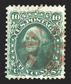 68, 10c Yellow green, well centered and with deep color, cancelled by a petite magenta segmented cork, very fine a scarce and pretty cancel 2006 PSE
certificate.