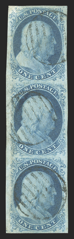 7, 8A, 7, 1c Blue, combination Ty. II-III-II, vertical strip of three, positions 11121L1E (reliefs TBA), a marvelous quality combination strip, possessing large to extra-large
margins, all around, strong rich color and impressions, each stam