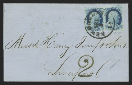 9, 1c Blue, Ty. IV, positions 17-18L1L, horizontal pair, large to very large margins all around (just barely in at bottom of left stamp), deep luxuriant color and well defined
impressions, tied to most attractive 1855 blue colored printed circul