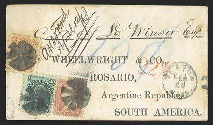 71, 30c Orange, tied along with 3c Rose (65) and 10c Green (68) by bold circle of wedges cancels to cover with preprinted address to Rosario, Argentina, Boston, Mass.Feb 20
datestamp, blue crayon 15c credit and red 22½ debit handsta