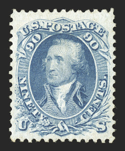 72, 90c Blue, beautiful unused single, uncommonly large margins and remarkably well centered within them, bright color and sharp impression on fresh white paper, choice very
fine 1968 PF certificate.
