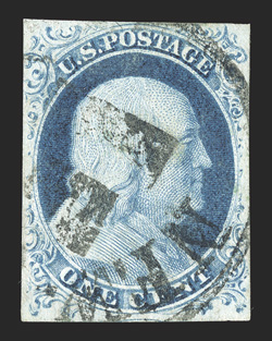 9, 1c Blue, Ty. IV, position 27L1L, double transfer, four ample to large margins, deep rich color, cancelled by very rare New York double slug c.d.s., minor diagonal crease at
top right, otherwise very fine pictured in Ashbrook (Volume 2, p