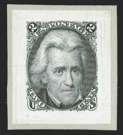 73aP2, 2c Black, die II, small die proof, fresh example with large balanced margins affixed to a neatly cut piece of the Roosevelt album page, extremely fine one of the rarest
of all the Roosevelt small die proofs 1986 PF certificate.