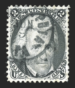 73, 2c Black, used, exceedingly well centered and margined, strong color and a crisp impression, neat portion of a Philadelphia c.d.s. cancel, extremely fine 2008 PF
certificate.