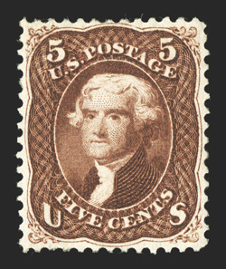 75, 5c Red brown, an extraordinary mint example, featuring the finest centering we have ever seen on a mint copy of this notoriously difficult stamp, deep luxuriant color and
an especially intense impression, disturbed o.g., extremely fine 1992