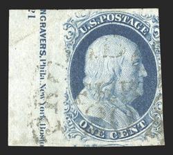 9, 1c Blue, Ty. IV, positions 31415161L1L, a complete reconstruction of the imprint (and plate number) of the left pane of plate 1 late, comprised of three singles, position
31L1L being a mint single (disturbed gum), positions 41L1L and 5