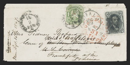 77, 15c Black, fine single, tied to 1867 small cover originally to Frankfurt, Prussia (Germany), then redirected locally with a Prussian stamp, U.S. stamp with central bold
cork cancel, matching Buffalo, N.Y.Aug 29 c.d.s. alongside, stamp