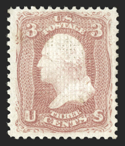 83, 3c Rose, C grill, a scarce mint single, unusually strong color on bright paper, far better centered than the vast majority of other known mint copies, with wide margins,
slightly disturbed o.g. and a few tiny gum soaks in grill, very fine