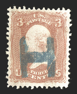 94, 3c Red, F grill, nicely centered single with strong rich color, cancelled solely by a blue fancy H, very fine 2010 PF certificate.