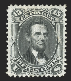 98, 15c Black, F grill, nicely centered and margined, crisp impression, full original gum, trivial h.r., current certificate notes crease along bottom perfs. and a faint toned
spot, very fine appearance a scarce mint stamp clear 1988 PF cert