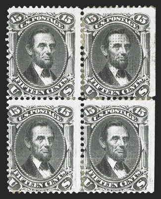 98, 15c Black, F grill, an extraordinarily rare mint block of four, being one of a very small number of existing mint blocks, most of which are either faulty andor without gum,
natural s.e. at right, quite fresh overall, full o.g. which i