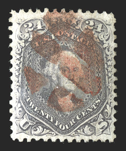 99, 24c Gray lilac, F grill, uncharacteristically well centered and margined, impressively rich color and a well incised impression, bright red segmented cork cancel, extremely
fine the Twenty Four Cent F Grill is one of the most diffic