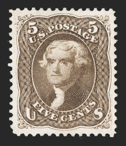 105, 5c Brown re-issue, an exceptionally choice unused example, being marvelously well centered within large balanced margins all around, rich color and a strong re-issue
impression, extremely fine very few of the 672 sold are as well centered