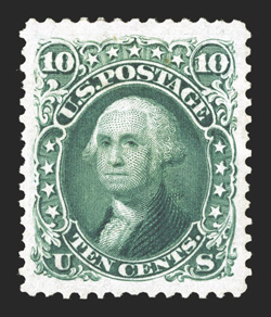 106, 10c Green re-issue, a magnificent quality mint example of this rare re-issue, possessing exceptional overall physical qualities, including being incredibly well centered
amid lavishly large margins, gorgeous prooflike color and impression o