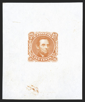 116-E1d, 10c Lincoln, unadopted design, large die essay in Orange on India, measuring 52x63mm, without imprint at bottom, very fine and choice.