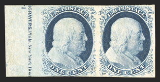 9, 1c Blue, Ty. IV, positions 51-52L1L, an attractive and rare left sheet-margin partial imprint and plate number 1 mint horizontal pair, the left stamp recut twice at top and
once at bottom, the right stamp recut twice at both top and bot