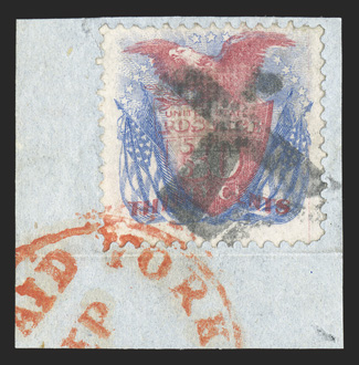 121, 30c Blue and carmine, tied to piece by X cork cancel (reminiscent of a Japanese chop cancel) and red New York exchange office postmark, vivid rich color,
fine.