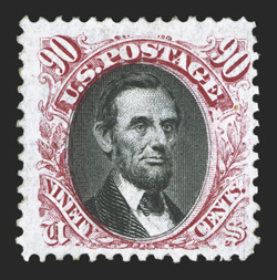122a, 90c Carmine and black, without grill, a handsome mint example of this extremely rare stamp, being one of only 23 examples to have been certified as genuine by the
Philatelic Foundation, rather well centered within large margins, deep l