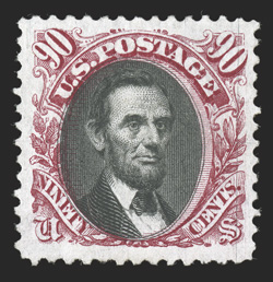 122a, 90c Carmine and black, without grill, attractive unused single, showing the vertical mesh that confirms it is from the original issue and not a re-issue, deep intense
colors and impressions, exceptionally well centered within uncommonly la