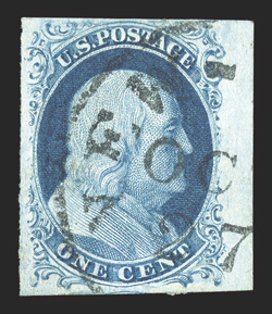 9, 1c Blue, Ty. IV, position 70L1L, recut once at top and twice at bottom, choice used example, with four large to huge margins, including a portion of the sheet margin at
right, lovely bright shade and a crisp impression, neat portion of New Yo