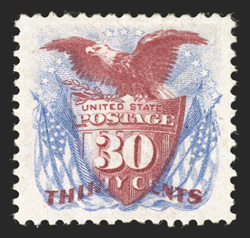 131, 30c Blue and carmine re-issue, a visually striking mint single, being incredibly well centered amid lavishly large margins all around, plus its colors are remarkably fresh
and vibrant on clean white paper, large part o.g. (certificate simpl