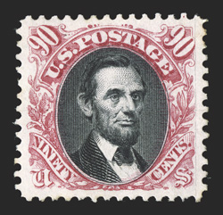 132, 90c Carmine and black re-issue, handsome mint example of this rare re-issue, beautifully centered amid large margins, lovely rich colors, slightly disturbed o.g.,
extremely fine clear 1982 PF and 2001 PSE certificates, as well as a 2008 PF