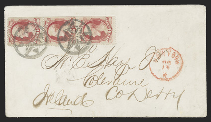 137, 6c Carmine with grill, vertical strip of three, with natural s.e. at right, tied to 1873 cover to Derry, Ireland by two strikes of fancy geometric NYFM cancels, red
New-YorkJun 14K c.d.s., backstamped, cover with some expert cle