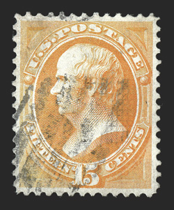 141, 15c Orange with H grill, exceptionally well centered though reperforated at bottom, clear H grill, bright color, light cancel, extremely fine appearance clear 1959 and
2003 PF certificates, as well as a 2009 PSE certificate.
