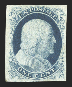 9, 1c Blue, Ty. IV, position 71L1L, triple transfer, one inverted, a gem mint example of this rare and highly collectible position, possessing four very large margins, deep
luxuriant color and impression on bright paper, full o.g., h.r., extre