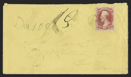 148, 6c Carmine, strong color, small corner crease, tied to canary colored cover from Rawdon, Canada to Boston, Mass. by Canadian concentric rings cancellation, matching
RawdonOc 12 71Que c.d.s. at bottom left, Montreal transit c.d.s. on